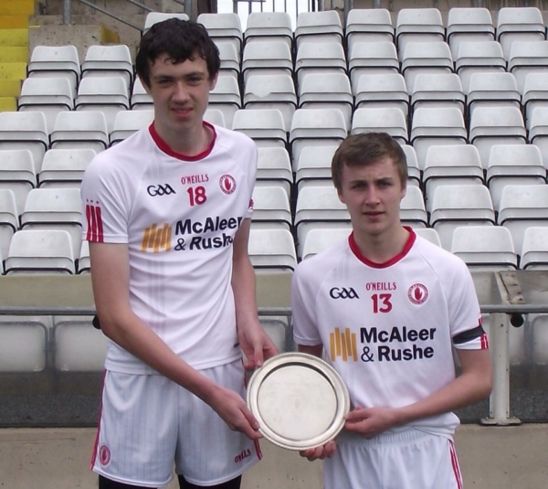Ciaran Lagan and Liam Flanagan display the Ulster Minor Hurling Shield after helping Tyrone minor hurlers defeat Cavan on Monday.