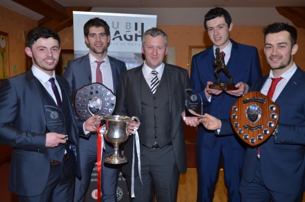 Club Chairman John McElhom with the 2015 award recipient. Ciaran McLaughlin (All-Ireland U21), Conan Grugan (Senior Player of the Year), Ciaran Lagan (Young Achiever of the Year) and Ryan McBride (Reserve Player of the Year).